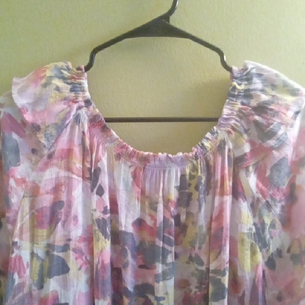 Womans 1X Zac & Rachel Pink and Purple Ruffled 3/4 Sleeve Blouse - Picture 6 of 6